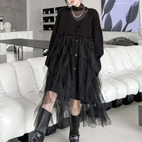 Load image into Gallery viewer, Women Black Big Size Knitting Mesh Irregular Sweater Dress New V-Neck Long Sleeve Fashion Spring Autumn 2025 1DH2366
