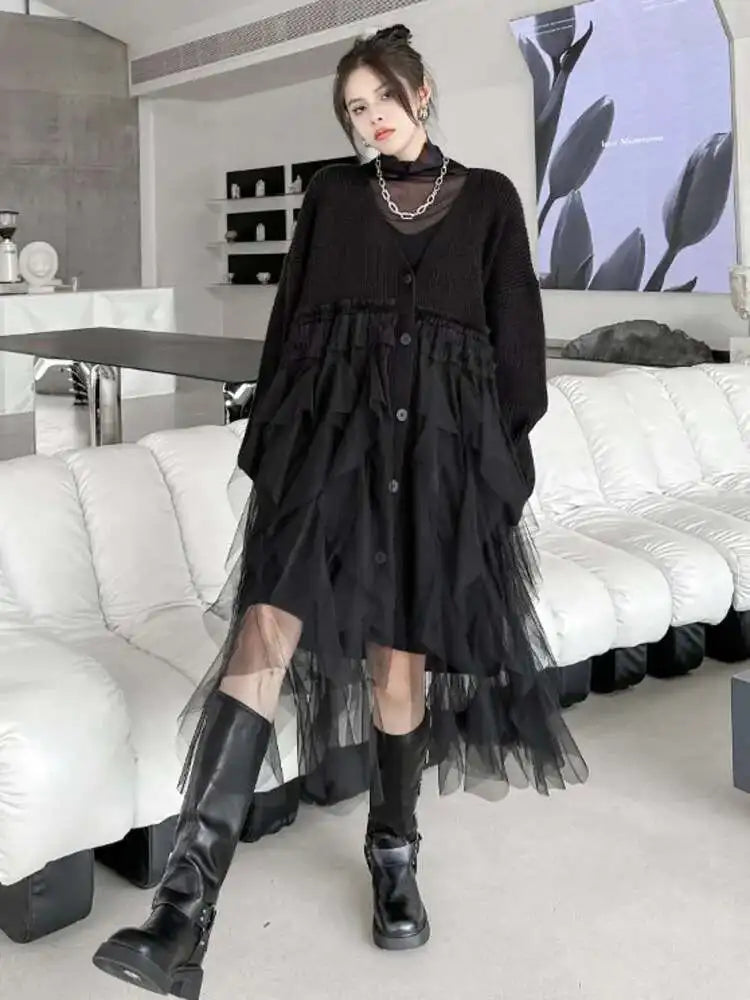 Women Black Big Size Knitting Mesh Irregular Sweater Dress New V-Neck Long Sleeve Fashion Spring Autumn 2025 1DH2366