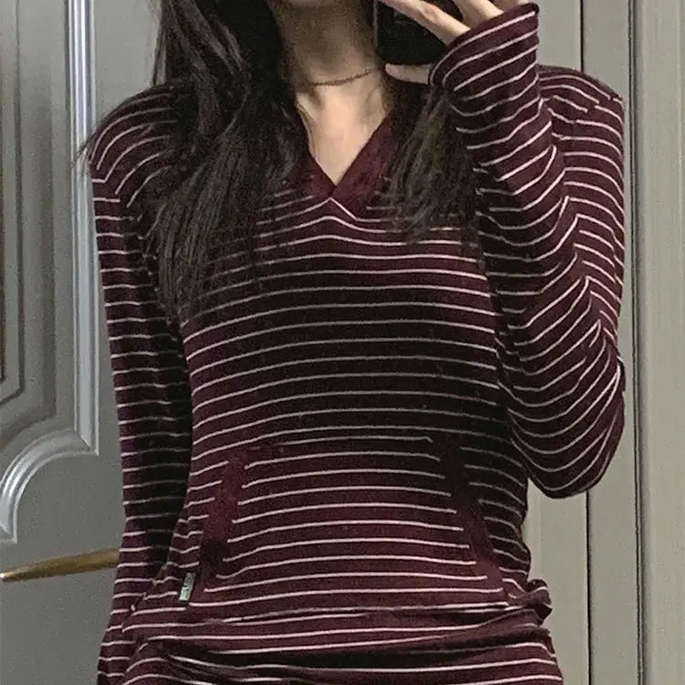 Women's Clothing V-neck Long Sleeve T Shirts 2025 Ropa Mujer Fashion Tees Casual Korean Camisetas Y2k Tops Pocket Simple Tshirt