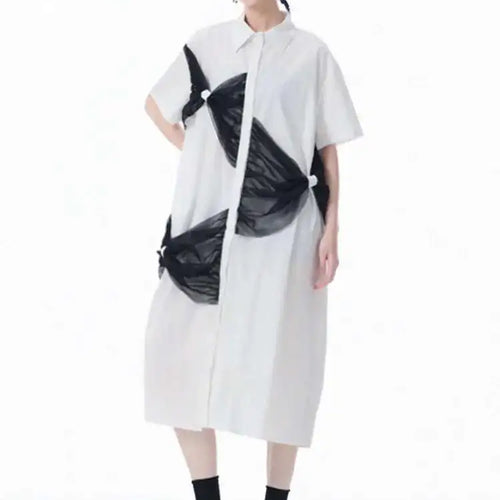 Load image into Gallery viewer, Women White Mesh Bow Color-block Big Size Shirt Dress New Lapel Short Sleeve Fashion Tide Spring Summer 2025 1DJ0048
