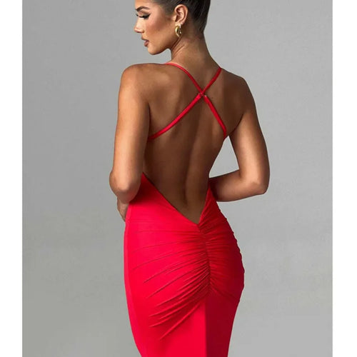 Load image into Gallery viewer, Sexy Sleeveless Slim Fit Pleated Dress For Women Backless Tight Fitting Maxi Vestidos Elegant Party Club Evening Dress
