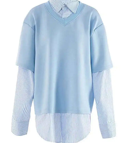 Blue Striped Spliced Casual Sweatshirt New Lapel Long Sleeve Women Big Size Fashion Tide Spring Autumn 2025 CPG2244