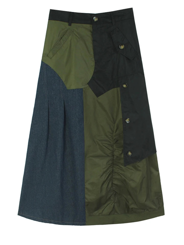 High Elastic Waist Black Green Color-block Long Casual Half-body Skirt Women Fashion Tide New Spring Autumn 2025 1DH8087