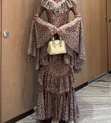 Leopard Slimming Spliced Ruffles Folds Sexy Dresses for Women High Neck Long Sleeves Sheer Elegant Dress Female New