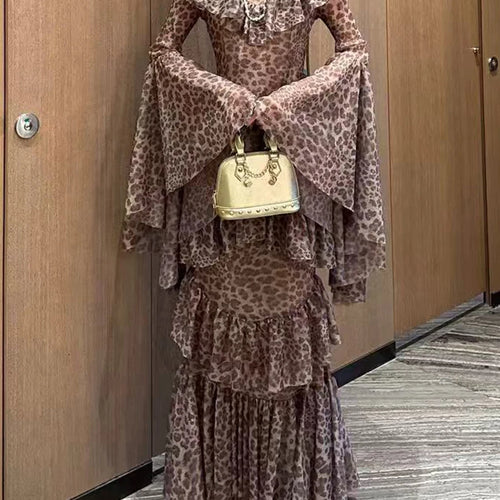 Load image into Gallery viewer, Leopard Slimming Spliced Ruffles Folds Sexy Dresses for Women High Neck Long Sleeves Sheer Elegant Dress Female New
