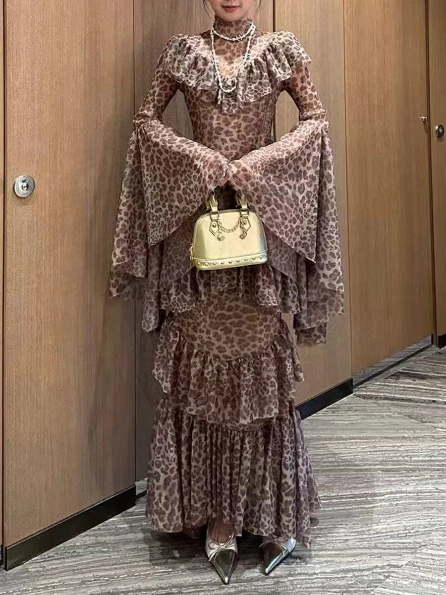 Leopard Slimming Spliced Ruffles Folds Sexy Dresses for Women High Neck Long Sleeves Sheer Elegant Dress Female New