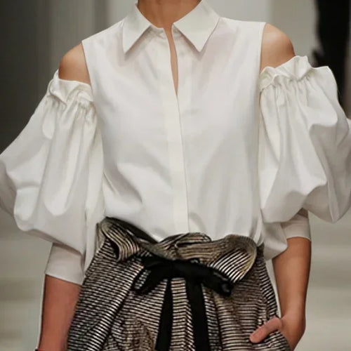 Load image into Gallery viewer, Summer New Women Tuxedo Blouse Shirts Cold Shoulder Office Party Leisure Light Blue Black T-shirts Tops for Women
