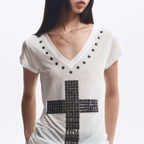 Load image into Gallery viewer, 2025 Y2k Aesthetic Women Casual T-shirt Vintage Cross Beading Streetwear Grunge Tshirts Harajuku Gothic Loose Vintage Tees Femme
