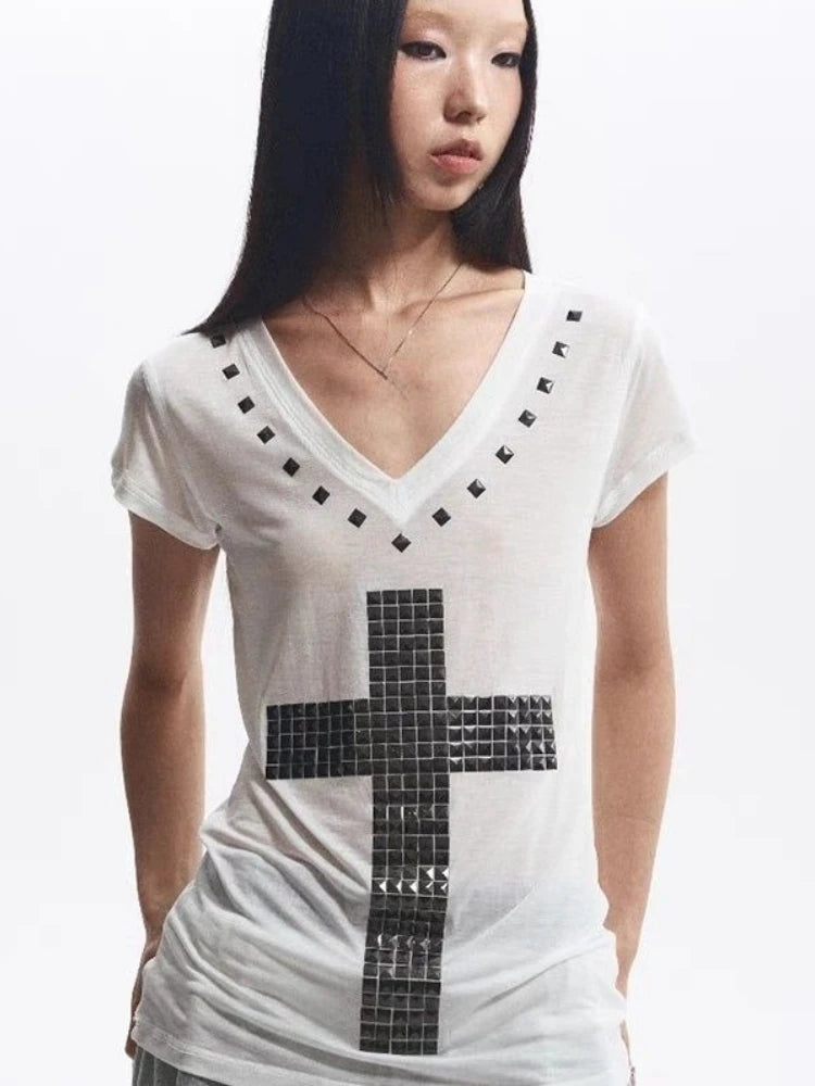 2025 Y2k Aesthetic Women Casual T-shirt Vintage Cross Beading Streetwear Grunge Tshirts Harajuku Gothic Loose Vintage Tees Femme