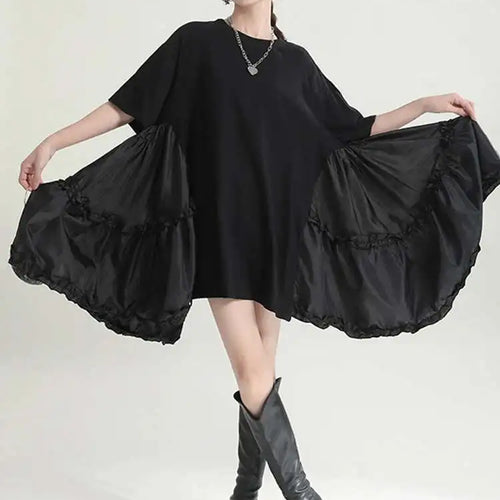 Load image into Gallery viewer, Women Black Ruffles Irregular Big Size Mini Dress New Round Neck Short Sleeve Fashion Tide Spring Summer 2025 1DH9574
