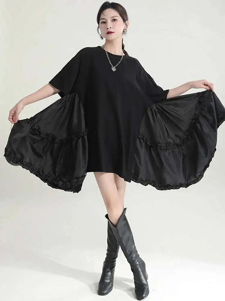 Women Black Ruffles Irregular Big Size Mini Dress New Round Neck Short Sleeve Fashion Tide Spring Summer 2025 1DH9574