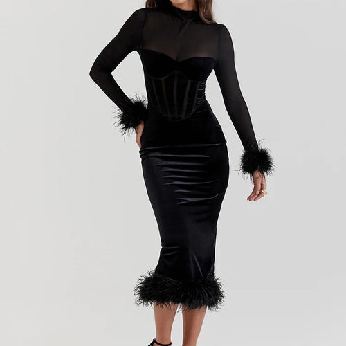 Load image into Gallery viewer, Elegant Feather Sexy Midi Dress For Women Black Fashion Sheer Long Sleeve Backless Bodycon Club Party Long Dress
