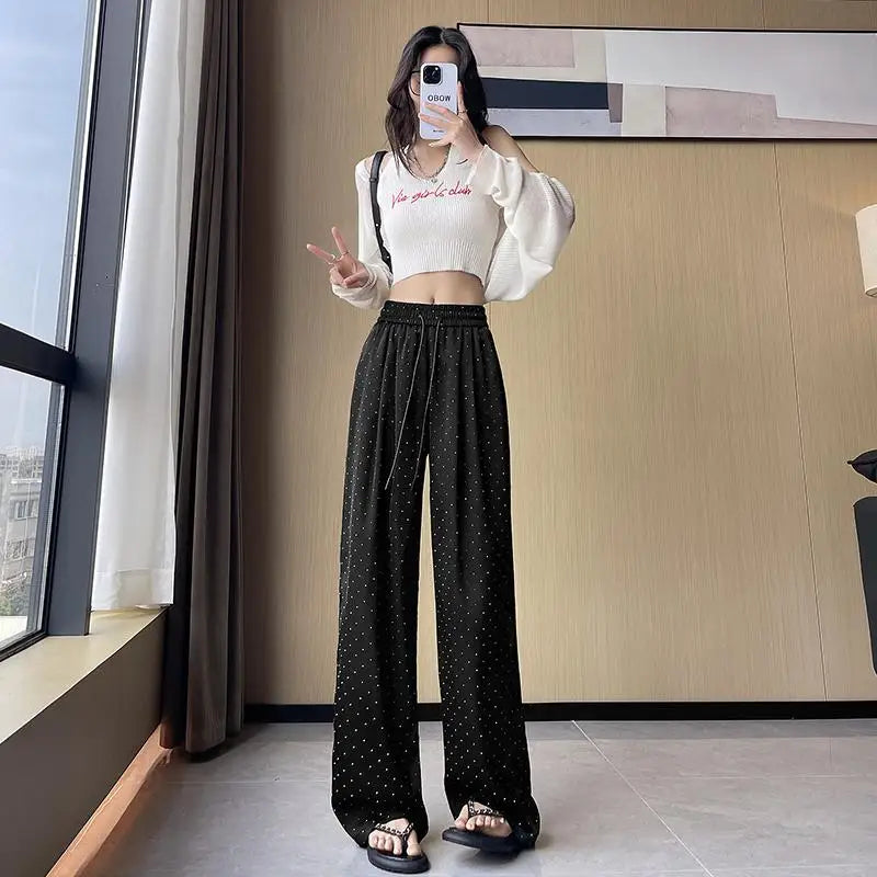 Women Black Diamond Wide Leg Long Pants 2024 Spring Summer White Straight Elastic Drawstring High Waist Lace-up Trousers Casual