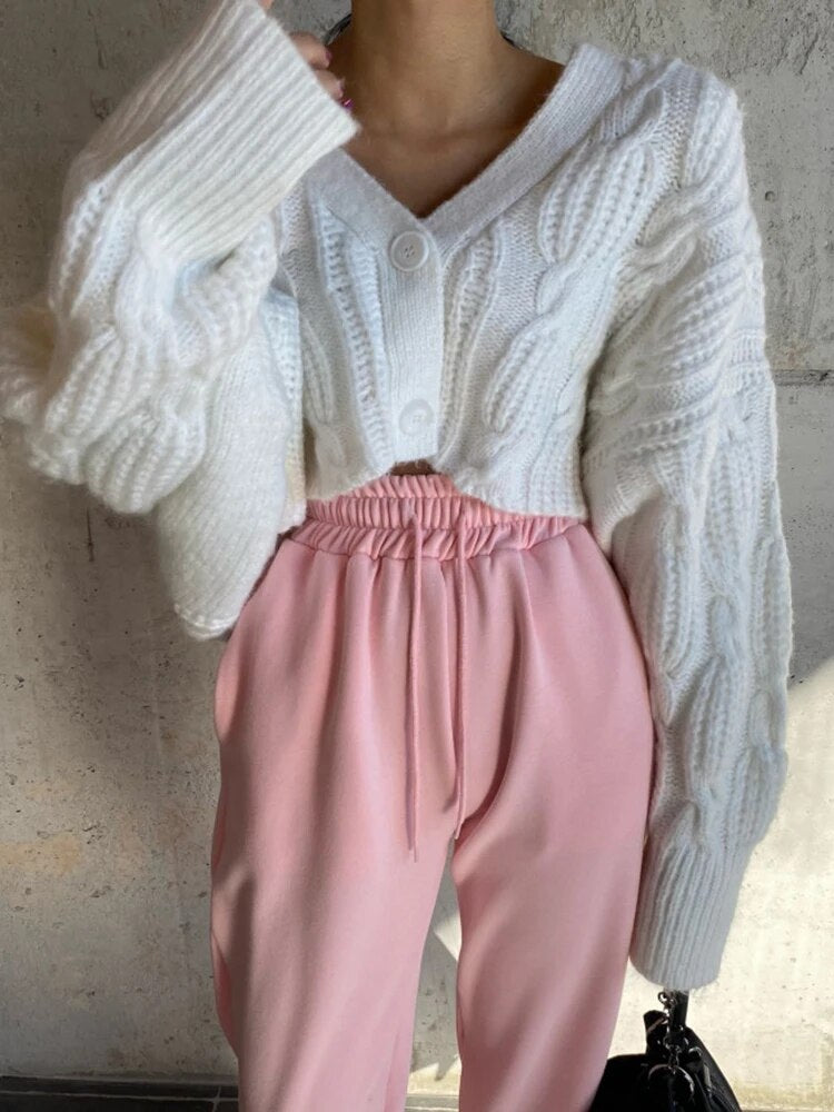 Knitting White Sweater For Women V Neck Long Sleeve Solid Minimalist Single Breasted Cardigan Female Clothing