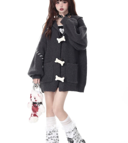 Japanese Oversized Solid Knited Cardigan Y2k Aesthetic Women All Match Pocket Sweater Jackets Hooded Coats Kardigany Jumpers
