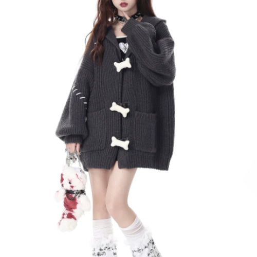 Load image into Gallery viewer, Japanese Oversized Solid Knited Cardigan Y2k Aesthetic Women All Match Pocket Sweater Jackets Hooded Coats Kardigany Jumpers
