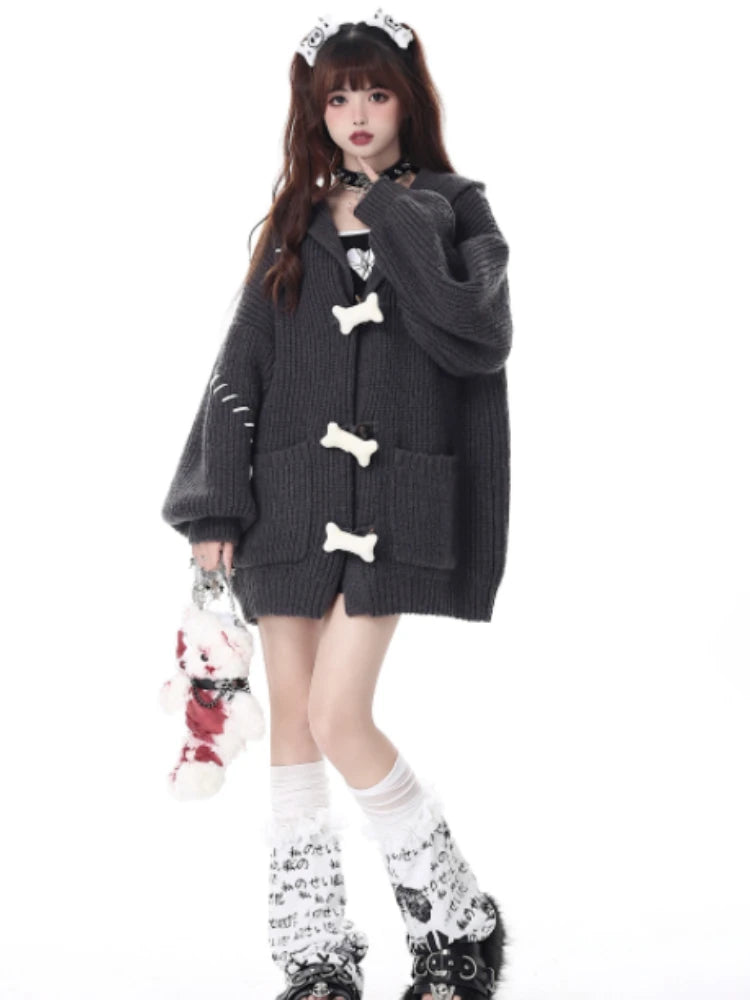Japanese Oversized Solid Knited Cardigan Y2k Aesthetic Women All Match Pocket Sweater Jackets Hooded Coats Kardigany Jumpers