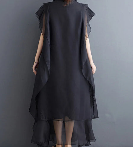 Women Black Ruffles Spliced Big Size Long Dress New Round Neck Short Sleeve Fashion Tide Spring Summer 2025 1DJ0327