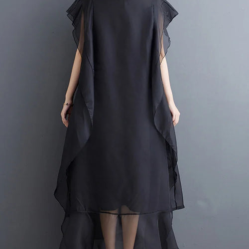 Load image into Gallery viewer, Women Black Ruffles Spliced Big Size Long Dress New Round Neck Short Sleeve Fashion Tide Spring Summer 2025 1DJ0327
