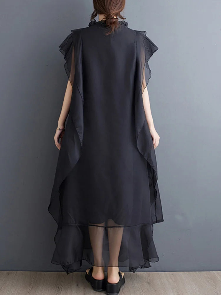 Women Black Ruffles Spliced Big Size Long Dress New Round Neck Short Sleeve Fashion Tide Spring Summer 2025 1DJ0327