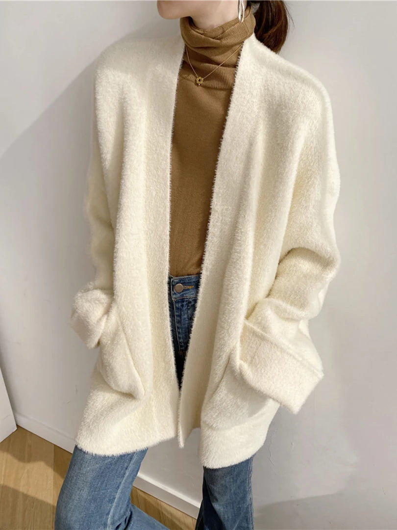 Big Size Camel Cashmere Knitting Cardigan Sweater Loose Fit V-Neck Long Sleeve Women New Fashion Autumn Winter 2025 1DD252