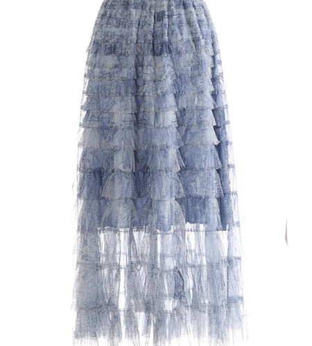 High Elastic Waist Blue Tie Dye Mesh Layers Cake Half-body Skirt Women Fashion Tide New Spring Autumn 2025 1DJ1140