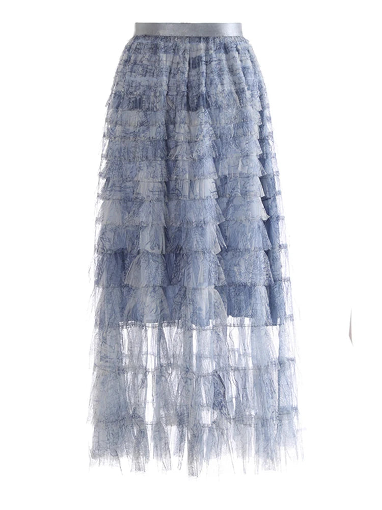 High Elastic Waist Blue Tie Dye Mesh Layers Cake Half-body Skirt Women Fashion Tide New Spring Autumn 2025 1DJ1140