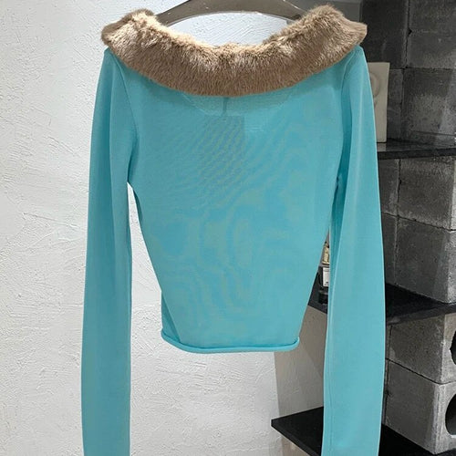 Load image into Gallery viewer, Colorblock Slimming Patchwork Fur Collar Sweaters For Women V Neck Long Sleeve Sexy Knitting Sweater Female
