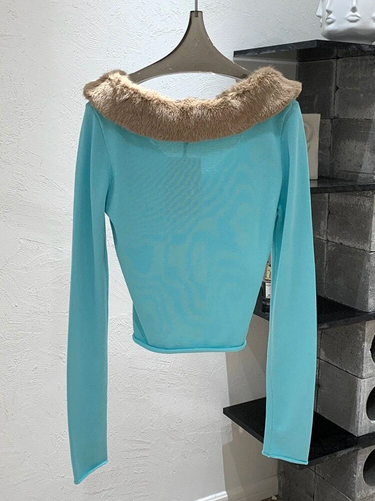 Colorblock Slimming Patchwork Fur Collar Sweaters For Women V Neck Long Sleeve Sexy Knitting Sweater Female