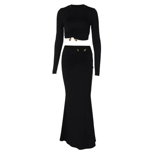 Load image into Gallery viewer, Autumn Winter Skirt Two Pieces Sets Women Sexy Long Sleeve Crop Tops And Elegant Maxi Skirt Sets Ladies Holiday Sets
