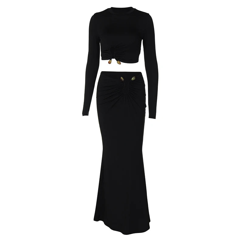 Autumn Winter Skirt Two Pieces Sets Women Sexy Long Sleeve Crop Tops And Elegant Maxi Skirt Sets Ladies Holiday Sets