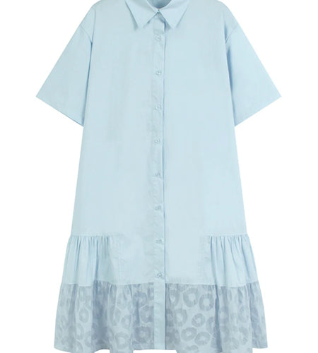 Women Blue Circle Printed Spliced Big Size Midi Shirt Dress New Lapel Short Sleeve Fashion Tide Spring Summer 2025 1DJ1356