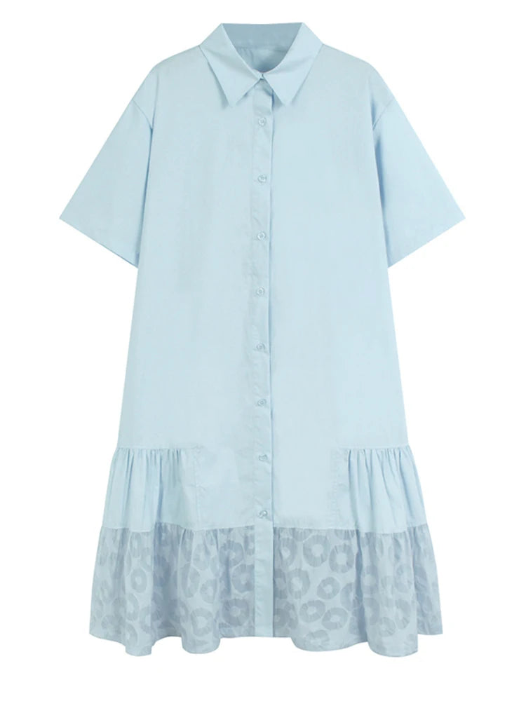 Women Blue Circle Printed Spliced Big Size Midi Shirt Dress New Lapel Short Sleeve Fashion Tide Spring Summer 2025 1DJ1356