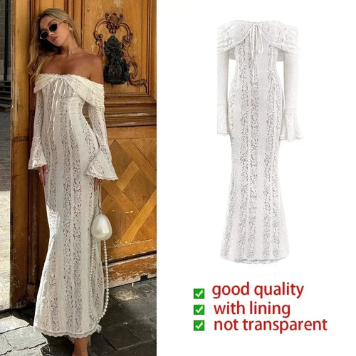Load image into Gallery viewer, White Off The Shoulder Bodycon Dress 2024 New in Flare Sleeve Elegant Lace Maxi Dress Wedding Guest Dress for Women
