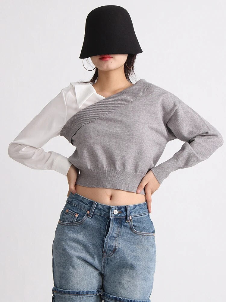 Off Shoulder Shirts For Women Lapel Long Sleeve Slimming Hit Color Casual Blouse Spring Female Fashion Clothing