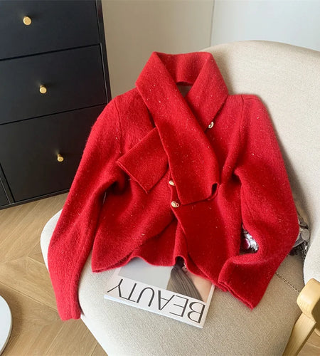 French Red Elegant Imitation Mink Knitted Cardigan Short Sweater Women Autumn Winter 2024 Popular White Soft Tops And Scarf Chic