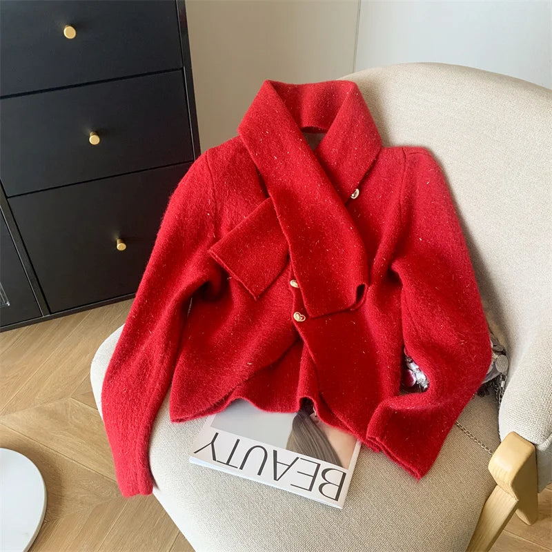 French Red Elegant Imitation Mink Knitted Cardigan Short Sweater Women Autumn Winter 2024 Popular White Soft Tops And Scarf Chic