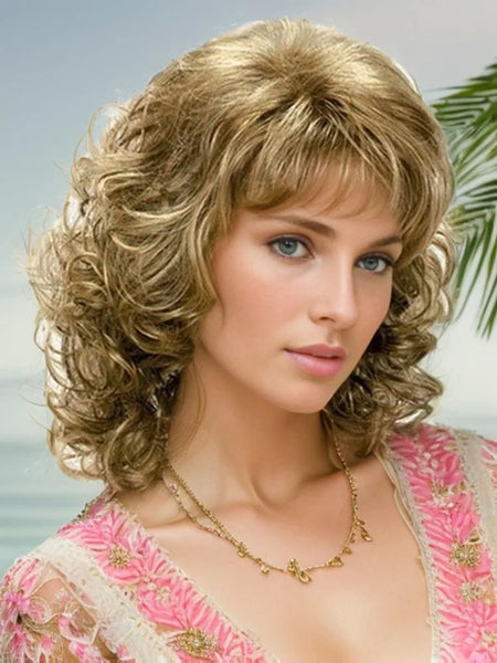 Old Lady Wigs Synthetic Hair Medium Curly Blonde Wig with Bangs Vintage Hairstyles Daily Casual Wigs Cosplay Halloween Party
