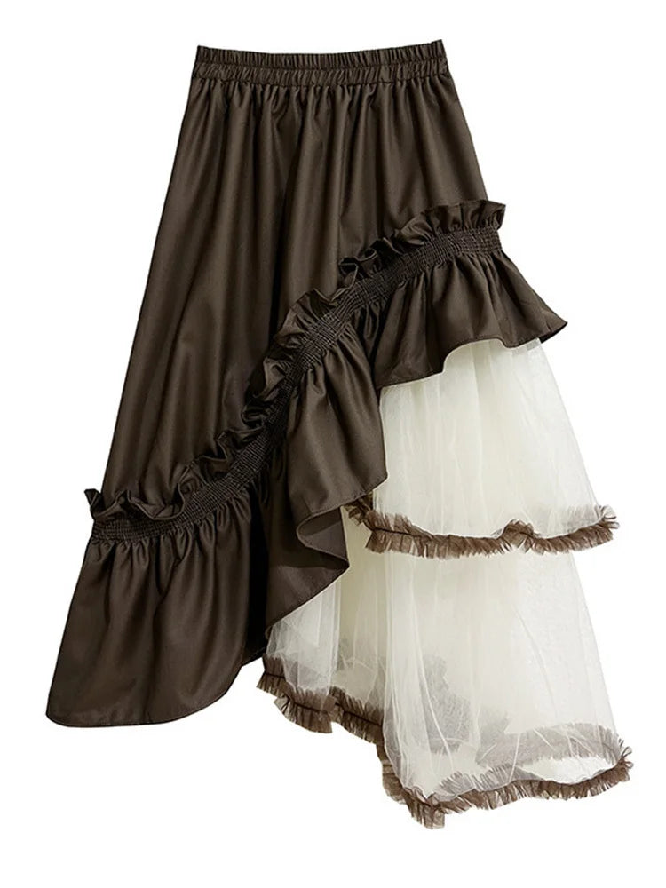 High Elastic Waist Black Irregular Ruffles Mesh A-line Half-body Skirt Women Fashion Tide New Spring Autumn 2025 1DH4926