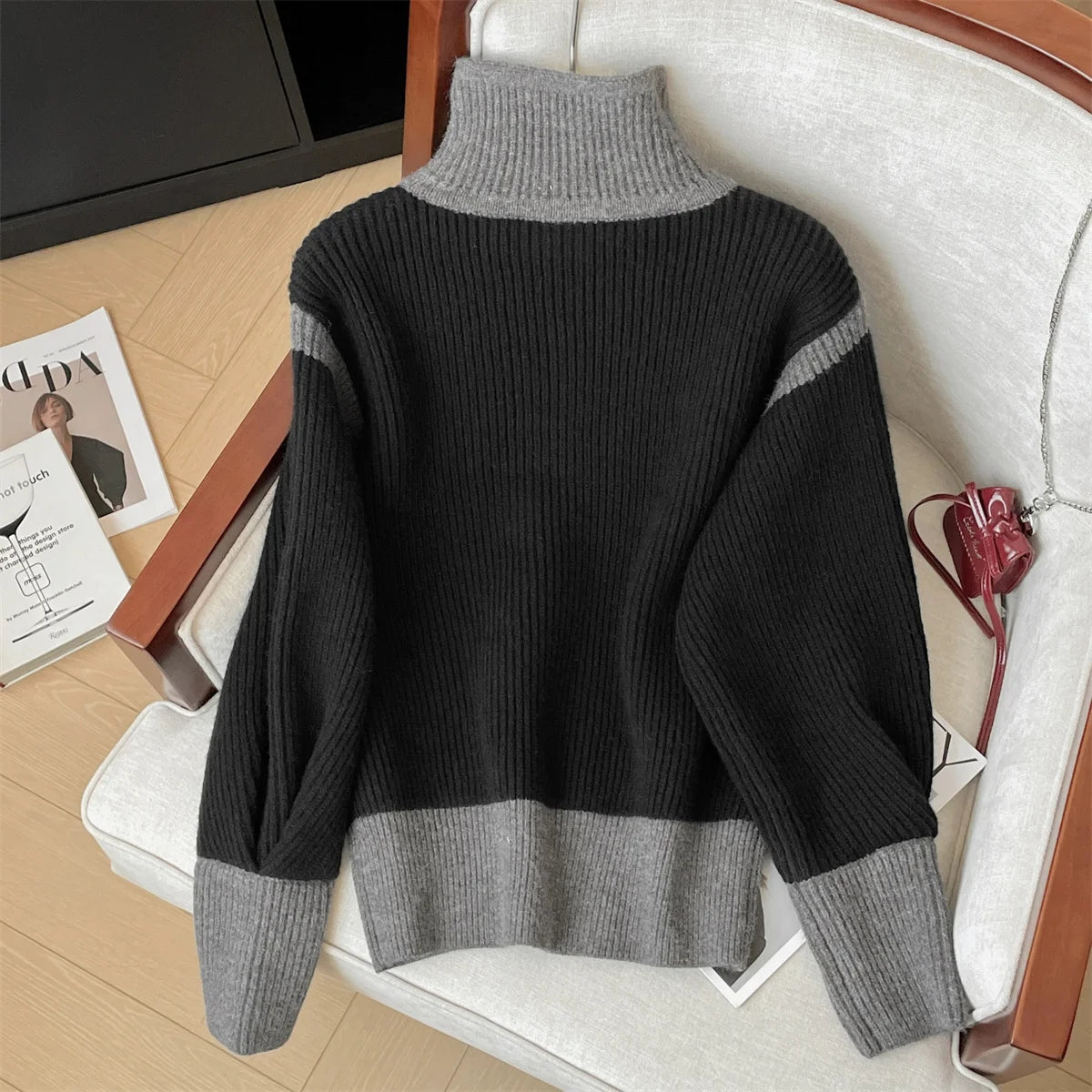 French Vintage 2024 New Women Grey Patchwork Long Sleeved Crochet Sweater Autumn Winter Single Breasted Loose Cardigan Knit Tops