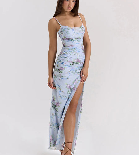 Elegant Spaghetti Strap Printed High Slit Women Dress Sexy Backless Bodycon Party Club Evening Dress 2025 Long Vestidos