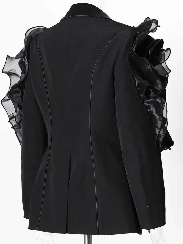 Women Black Ruffles Shaped Elegant Slim Blazer New Lapel Long Sleeve Jacket Fashion Tide Spring Autumn 2025 7AB8042