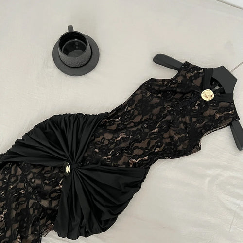 Load image into Gallery viewer, Chinese Style Women Black Patchwork Lace Elegant Slim Wrap Hip Pleated Vest Long Dress Summer Sleeveless Vacation Party Dresses
