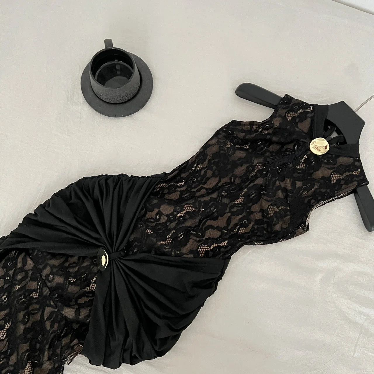 Chinese Style Women Black Patchwork Lace Elegant Slim Wrap Hip Pleated Vest Long Dress Summer Sleeveless Vacation Party Dresses
