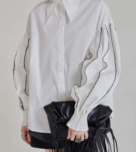 Women White Color-block Elegant Blouse New Lapel Long Lantern Sleeve Shirt Fashion Tide Spring Autumn 2025 1DH9890