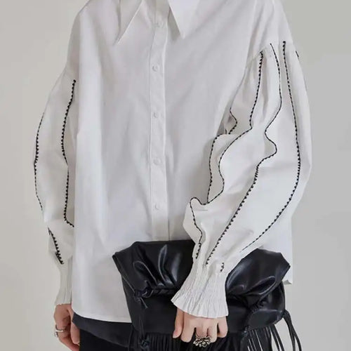 Load image into Gallery viewer, Women White Color-block Elegant Blouse New Lapel Long Lantern Sleeve Shirt Fashion Tide Spring Autumn 2025 1DH9890

