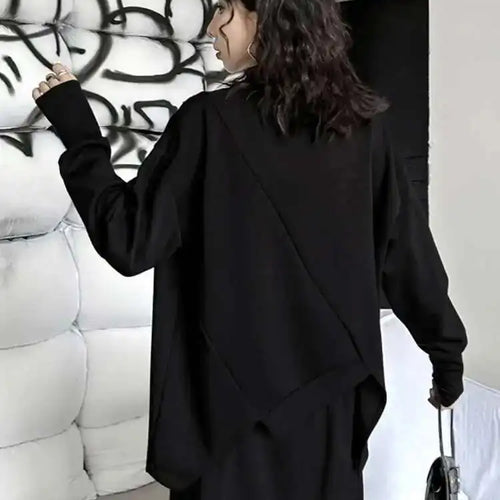 Load image into Gallery viewer, Black Topstitched Irregular Hem Sweatshirt New Round Neck Long Sleeve Women Big Size Fashion Spring Autumn 2025 1DH7646
