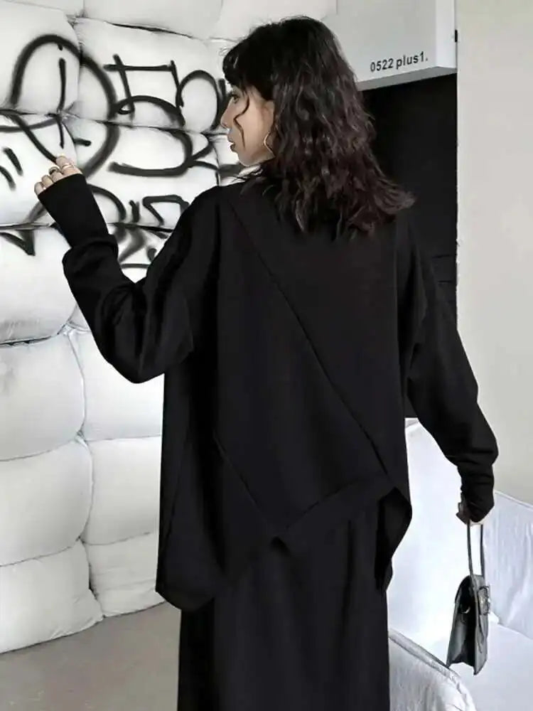 Black Topstitched Irregular Hem Sweatshirt New Round Neck Long Sleeve Women Big Size Fashion Spring Autumn 2025 1DH7646