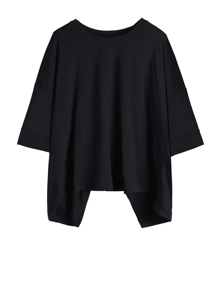 Women White Irregular Big Size T-shirt New Round Neck Three-quarter Batwing Sleeve Fashion Tide Spring Summer 20251DJ1823