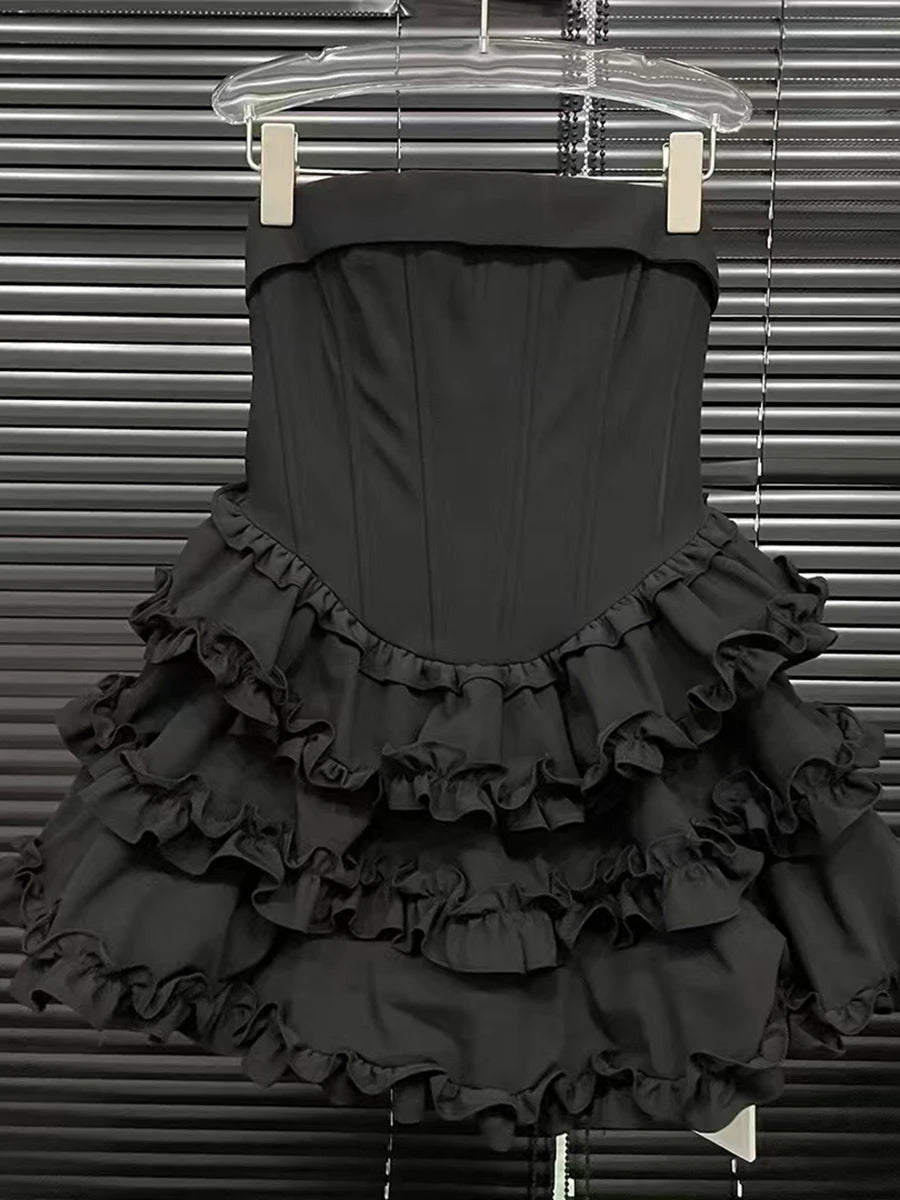 Solid Spliced Ruffles Slimming Dresses For Women Strapless Sleeveless High Waist Temperament Mini Dress Female New